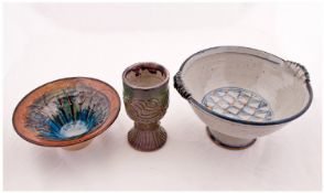 A Collection Of Art Studio Bowls And Goblet, 3 Items In Total. Sizes; large bowl 5 x 9.5 inches,