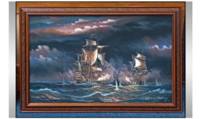 Painting On Canvas, Ship in rough seas in pressed wood frame, 40x29"