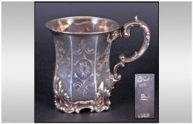 Barnard Brothers Fine Octagonal Shaped Silver Mug, With scroll handle and chased decoration to