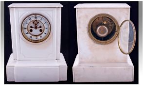 A Large French White Marble Mantel Clock, with an enamel chapter ring with visible escapement to the