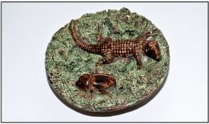 Portuguese Majolica/Palissy Ware Small Dish, with moulded beetle and lizard amongst foliage.