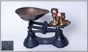 One Set of Librasco Scales with seven brass weights, including large bishops hat 1 Lb.