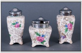 Chintz Cruet Set, salt and pepper shakers and mustard pot, polychrome flowers on a cream ground with