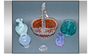Six Pieces Of Victorian/Studio Glass Ware. Comprising large basket decorative dish, vases, etc.