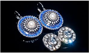 Pair of Interchangeable Glass Pearl and Crystal Earrings, the frame having a circle of small royal