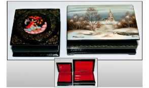 Russian 20th Century Hand Painted Lacquered Boxes. 2 in total. Diameter 3.5 and 2.5 inches.