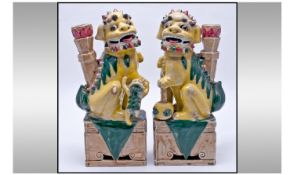 A Pair of Nineteenth Century Unusual Chinese Famille Verte Temple Lion Dogs, brightly coloured