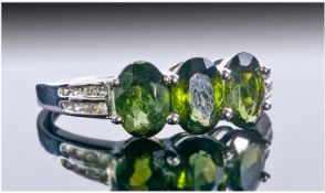 9ct White Gold Dress Ring, Set With Three Sapphire Green Tourmalines Between White CZ's, Fully