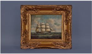 Oil Painting on Canvas stuck to board. 'Sailing Ship on Open Sea'. Signed indistinctly lower