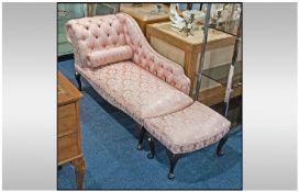 Modern Chaise Lounge with Matching Footstool, Upholstered in Pink Floral Fabric, Buttoned Back