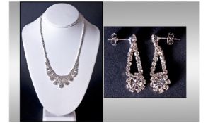 Floral Clear Crystal Necklace and Earring Set, the centre of the necklace having a double row of
