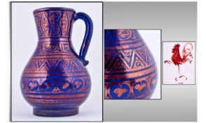 Cantagalli Hispanic Moorish Style Decorated Pottery Jug. Colbalt blue glazed with iridescent