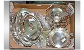 Box Of Miscellaneous. Comprising mostly silver plated ware to include serving tray, rose bowls,