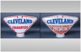 Two Cleveland Premium Petrol Pump Globes, Opaque White Glass, Blue Lettering And Red Border,