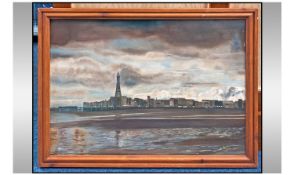 Unusual Oil Painting On Panel Of Blackpool At Night. Depicting the tower and promenade at dusk.