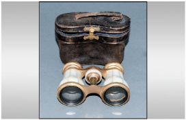 Leather Cased Set Of Opera Glasses. With Mother Of Pearl Inlay, Gilt Framed.