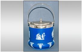 Wedgwood Blue Jasper Ware Biscuit Barrel, Classical Scenes With Acanthus Motifs. Silver Plated