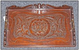A Well Carved Oak Butlers Tray with Brass Carrying Handles. Carved Shaped Edge and Body. Initials