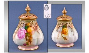 Royal Worcester Hand Painted Lidded Pot Pouri. Roses still life. Date 1907. Height 6.25 inches.