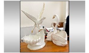 Italian Decorative Ceramic Dish In The Form Of Swan Figures. White/cream colour way with gold