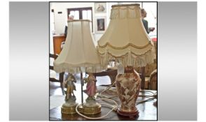 Italian figural Table Lamp With Cream Shade. Together with Oriental style table lamp with cream