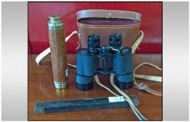 Cased Set of Splinder & Hoyer Binoculars, 8 by 40. Together with an ebony spirit level with brass