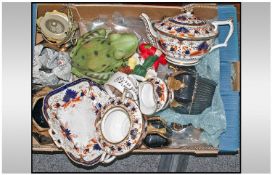 Box Of Assorted Pottery Items Including old derby porcelain & pottery frog etc.