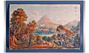 A 19th Century Italianate watercolour Landscape, depicting figures amongst woodland, mountains and a