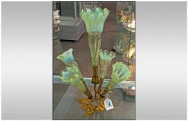 Early Twentieth Century Four Branch Epergne centre piece, coloured scalloped glass on associated