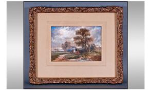 19th Century Oil Painting. Gypsy campfire in a country setting. 5.25 x 7.75 inches. Mounted and
