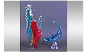 Two Murano Glass Pieces. One Murano glass vase, height 19 inches, and one Murano dolphin figure.
