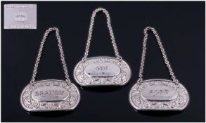 A Silver Plated Set of 3 Spirit Labels, Brandy, Gin and Port.