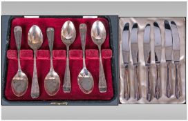 Six Cased Silver Teaspoons together with a set of 6 silver hilted fruit knives.