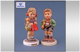 Two Hummel Figures. Comprising; 1, "School Girl" raised on circular base, height 4.75 inches. 2, "