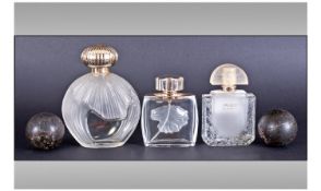 Three Glass Lalique Perfume Bottles, Named "Lalique Pour Home" With Frosted Embossed Lion Motif, "