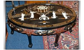 Chinese Black Lacquered High Gloss Oval Nest Of Tables. The Top With Raised Images In Mother Of