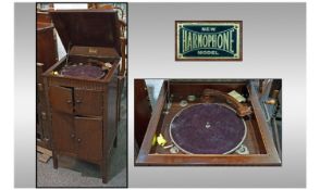 Mahogany Floor Standing Gramophone, Hinged top, marked for "New Harmophone Model" with early