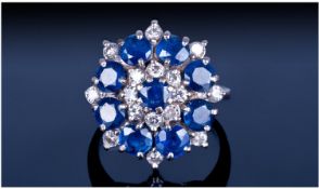 Ladies Good Quality 18ct White Gold Set Large Flowerhead Diamond And Ceylon Blue Sapphire Cluster
