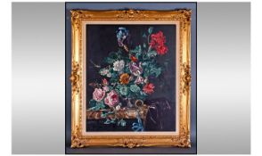 Gilt Framed Oil On Canvas. Floral still life, roses and butterflies. Signed to lower left corner F