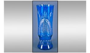 Bristol Blue Glass Vase, deeply cut with geometric patterns 14 inches in height