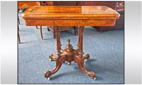Mid Victorian Burr Walnut Card Table, Fold Over Inlaid Swivel Top Raised On Four Turned Supports,