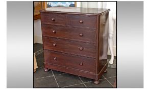 Late Victorian Mahogany Chest Of Draws. Two short over three long graduating draws, raised on turned