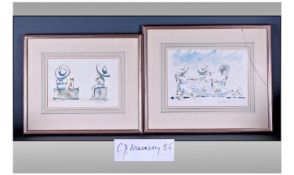 Charles Mackesy 1962 Pair Of Watercolours. Humorous sketches. Signed and dated 1986. Each mounted