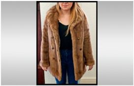 Dark Honey Blonde Mink Long Jacket, double breasted style, self lined collar with revers, quarter