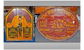 Two Large Painted Wooden Pub/Shop Advertising Signs. The first marked "The Irish Shipping Co. Safe