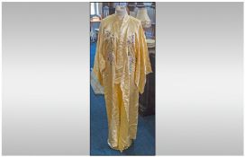 Chinese Yellow Satin Embroidered Kimono, a blend of rayon and silk, hand embroidered to the back and