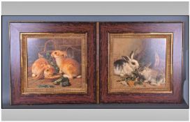 Pair Of Attractive Coloured Prints. Both depicting rabbits feeding, in wood frames with gilt slip.