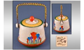 Clarice Cliff Large Hand Painted Lidded Biscuit Barrel With Basket Weave Handle. Autumn crocus