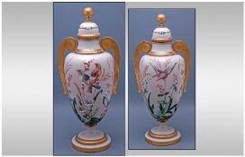 Late Victorian Milk Glass Twin Handled Lidded Vase. The body with delicately painted birds amongst