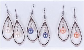 Set of Three Cultured Freshwater Pearl Drop Earrings, white, peacock and peach; the pear drop pearls